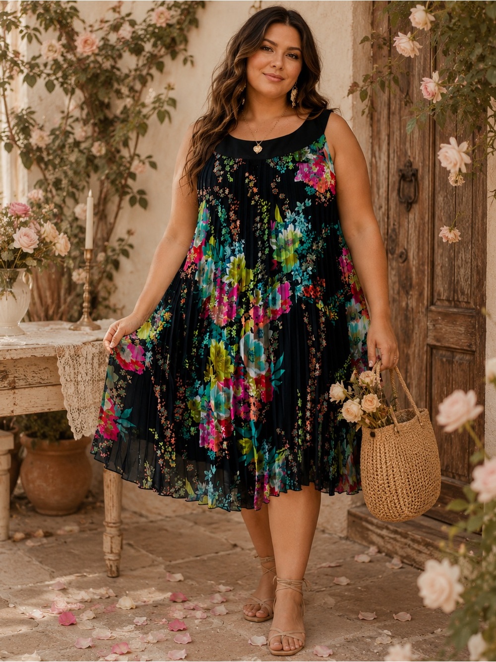 VOIR VOIR Tropical Floral Print Knife Pleated Romantic Boho Shift Dress Size 22W
